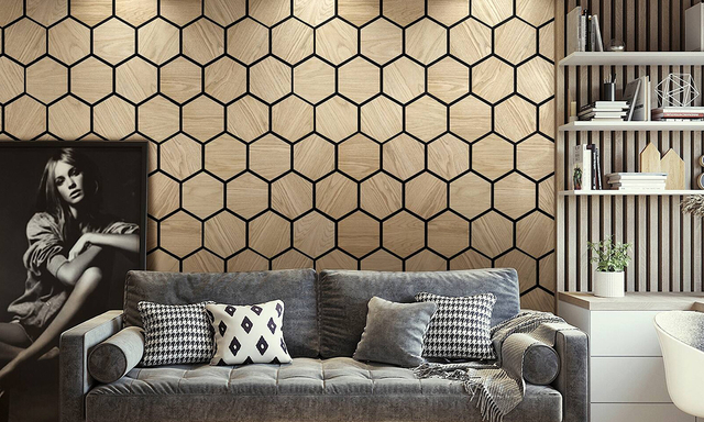 Living-Room-Redefined-with-Hexagonal-Wooden-Slat-Panels