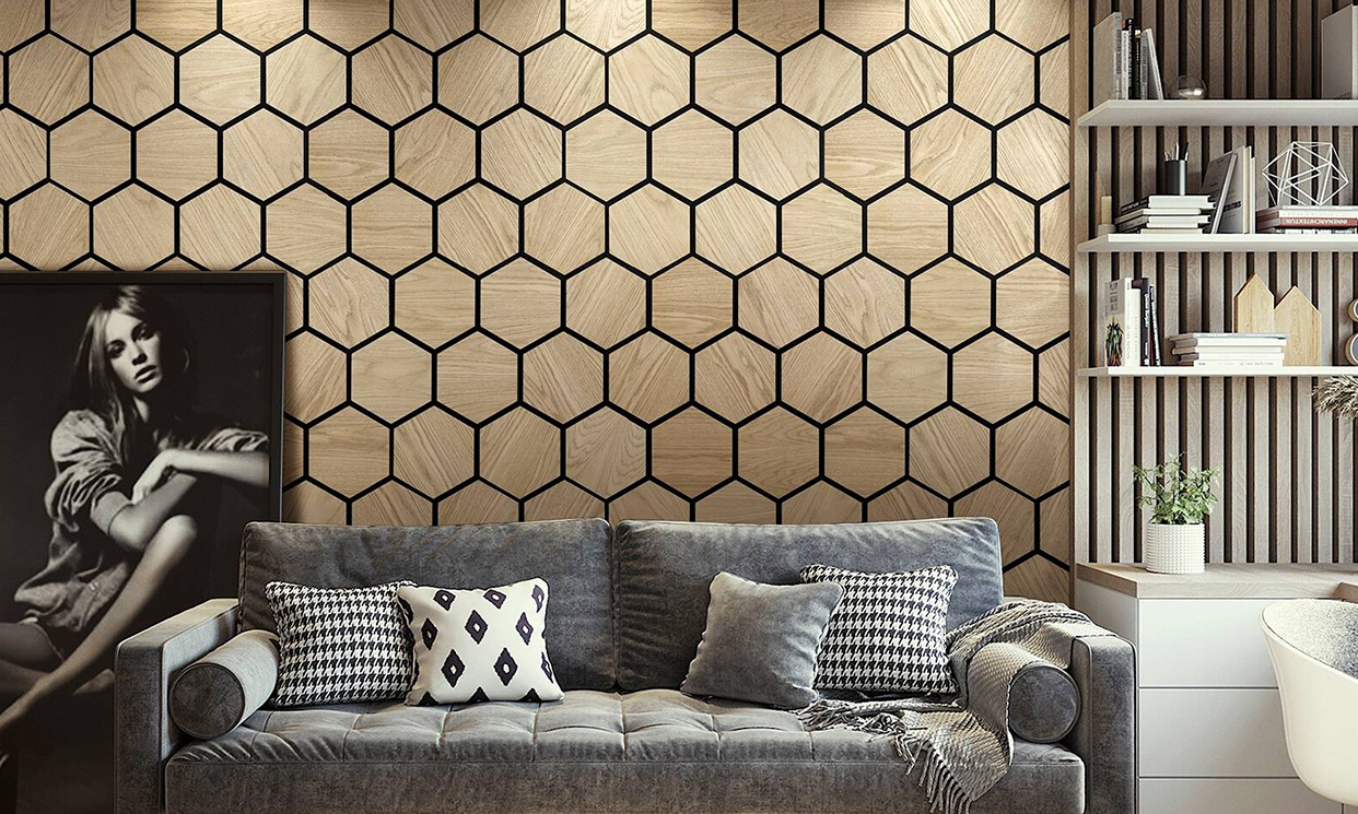 Living Room Redefined with Hexagonal Wooden Slat Panels