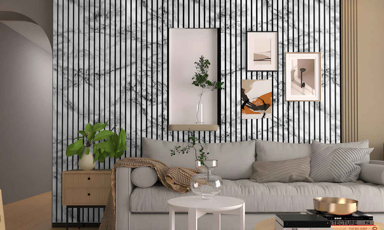 Sophisticated Living Room Interiors with Marble Veneer Slats